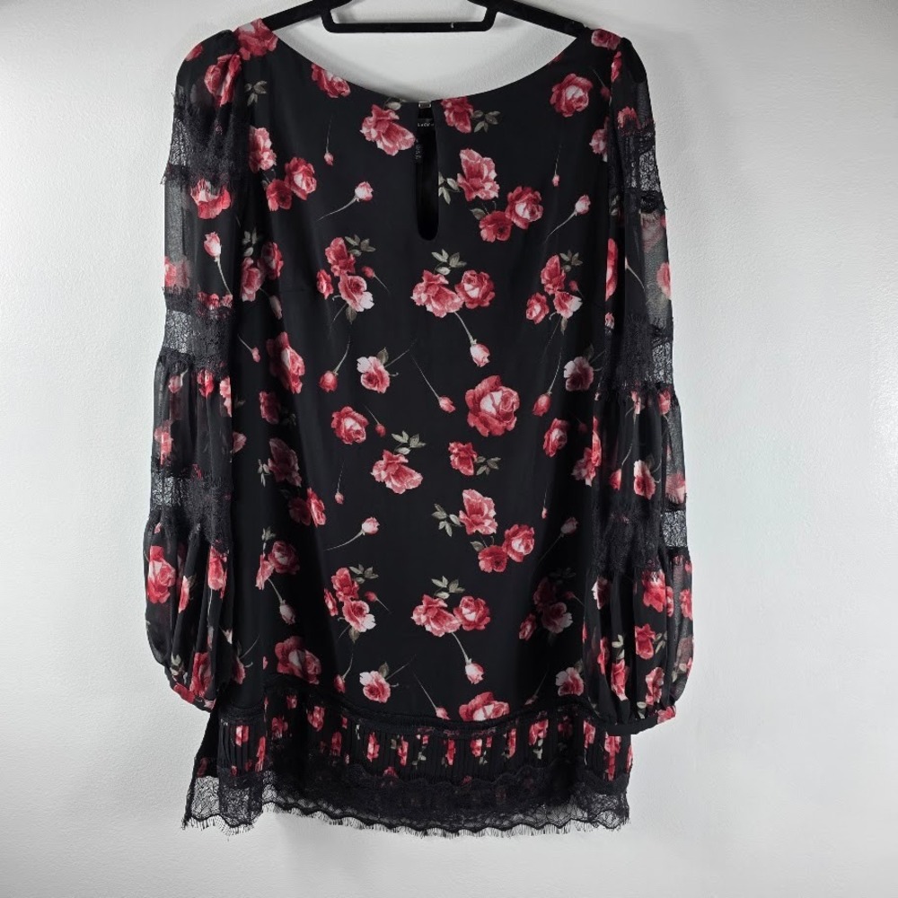 Whitehouse Black Market Floral Long Sleeve Sheer Lace Trim Mini Dress Women's‎